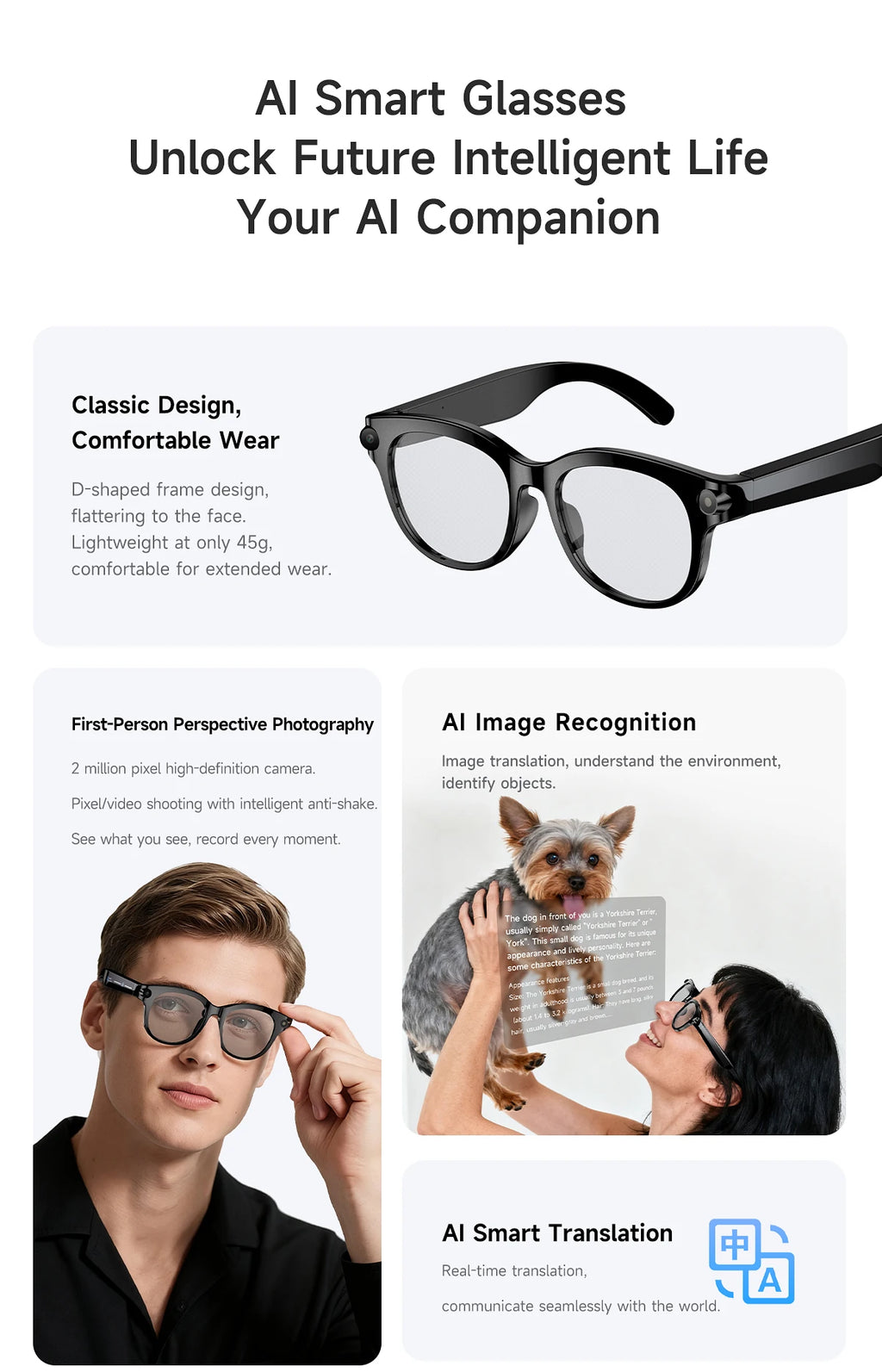 2026 AI Smart Glasses for Men Women 200W HD Camera 1080P Video AI Voice Assistant Translation Music Playback LED Flashlight
