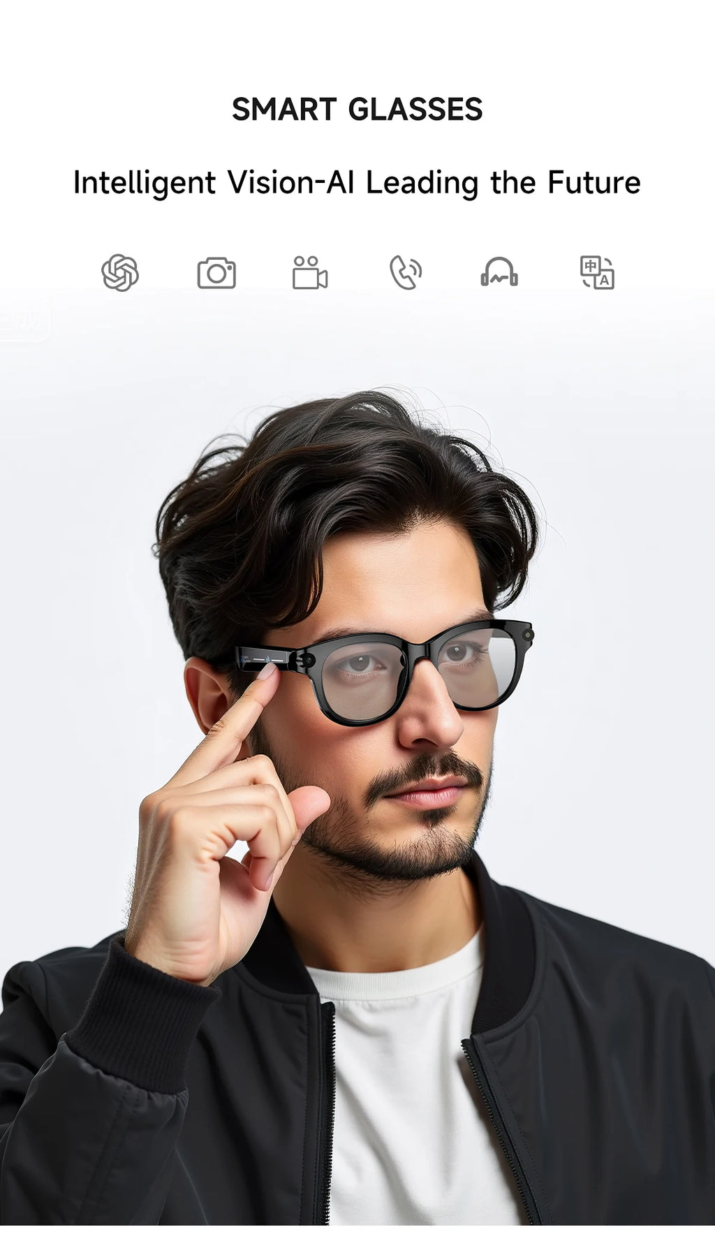 2026 AI Smart Glasses for Men Women 200W HD Camera 1080P Video AI Voice Assistant Translation Music Playback LED Flashlight