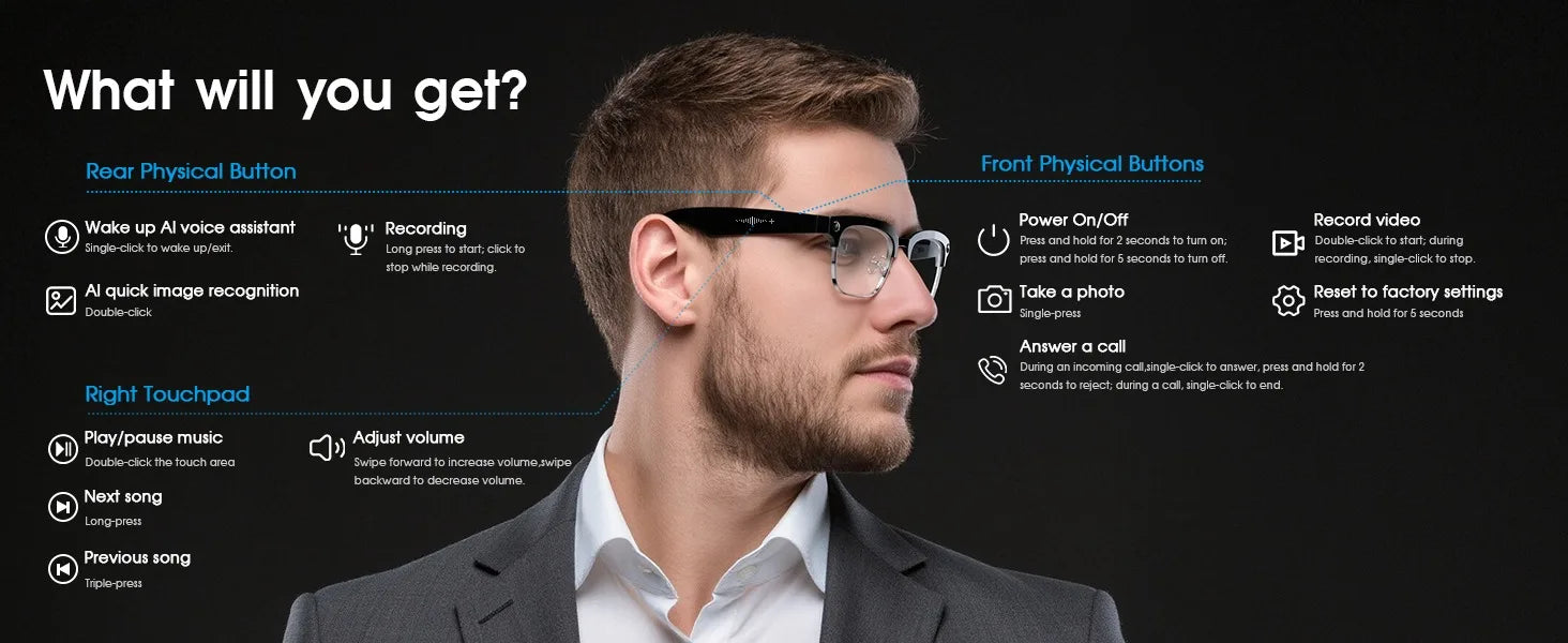 4K Smart AI Glasses 8MP Camera Recording Videos Photo Recognition Answer Translation BT Call Photochromic Sunglasses Waterproof