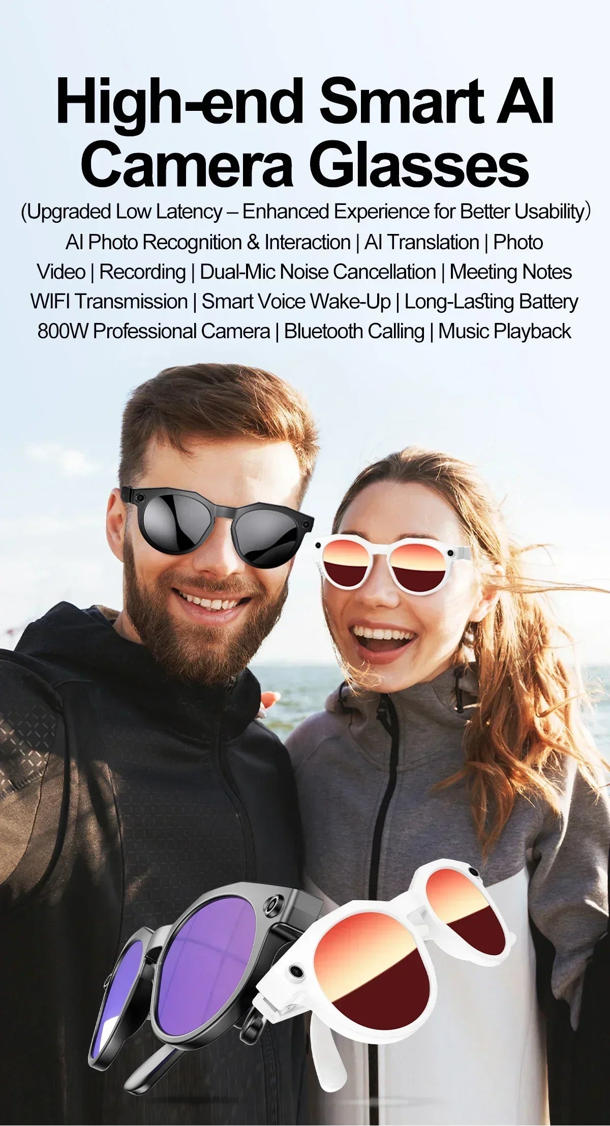 2026 New AI Smart Glasses 8MP Photo&Video Recording Music Playback Voice Wake-Up AI Interaction Translation 290mAh Smart Glasses