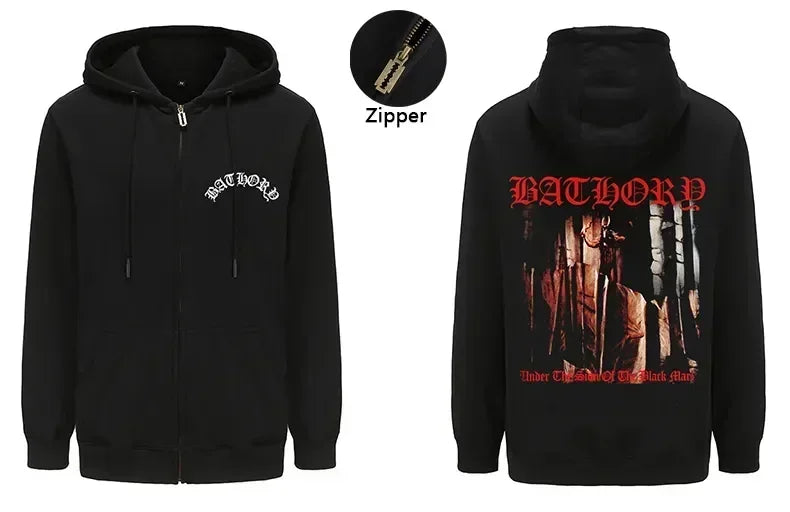 Mens Black Heavy Metal Band Bathory Hoody Y2k Vintage Hip Hop Streetwear Hoodie Zip-up Casual men women Hoodies Coats