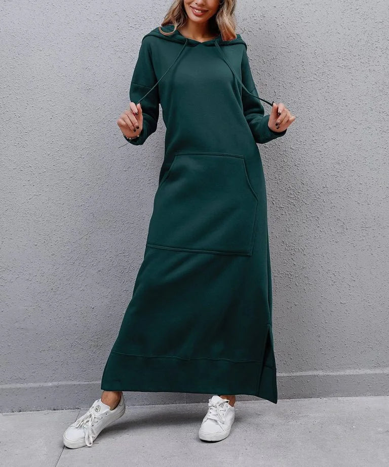 Hoodies Dress For Women Fashion 2025 Hem Lace-up Midi Robe Hooded Long Dress Autumn Winter Warm Casual Loose Sweatshirt Vestidos