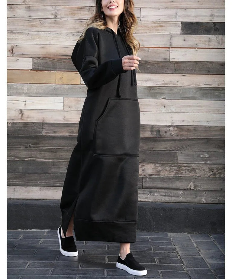 Hoodies Dress For Women Fashion 2025 Hem Lace-up Midi Robe Hooded Long Dress Autumn Winter Warm Casual Loose Sweatshirt Vestidos