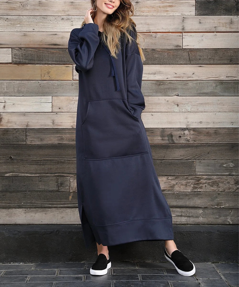 Hoodies Dress For Women Fashion 2025 Hem Lace-up Midi Robe Hooded Long Dress Autumn Winter Warm Casual Loose Sweatshirt Vestidos