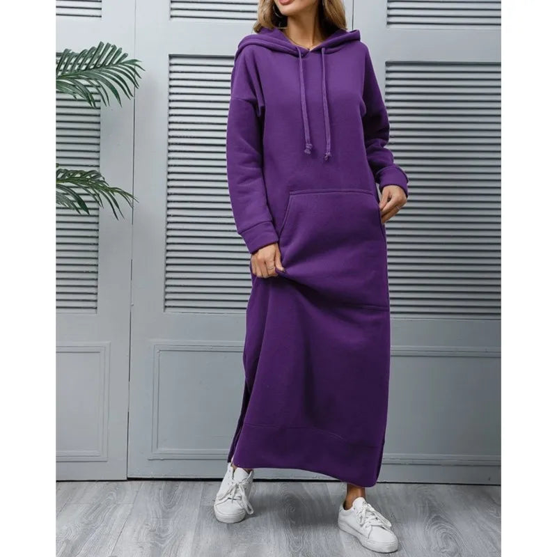 Hoodies Dress For Women Fashion 2025 Hem Lace-up Midi Robe Hooded Long Dress Autumn Winter Warm Casual Loose Sweatshirt Vestidos