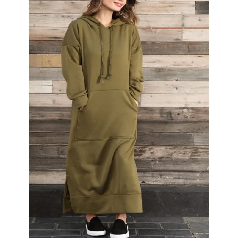 Hoodies Dress For Women Fashion 2025 Hem Lace-up Midi Robe Hooded Long Dress Autumn Winter Warm Casual Loose Sweatshirt Vestidos