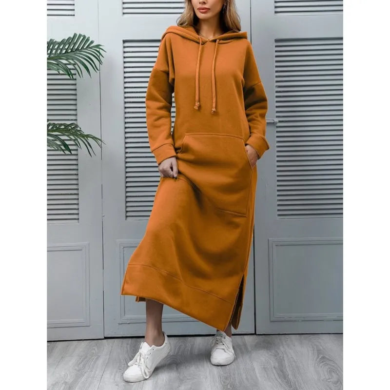 Hoodies Dress For Women Fashion 2025 Hem Lace-up Midi Robe Hooded Long Dress Autumn Winter Warm Casual Loose Sweatshirt Vestidos