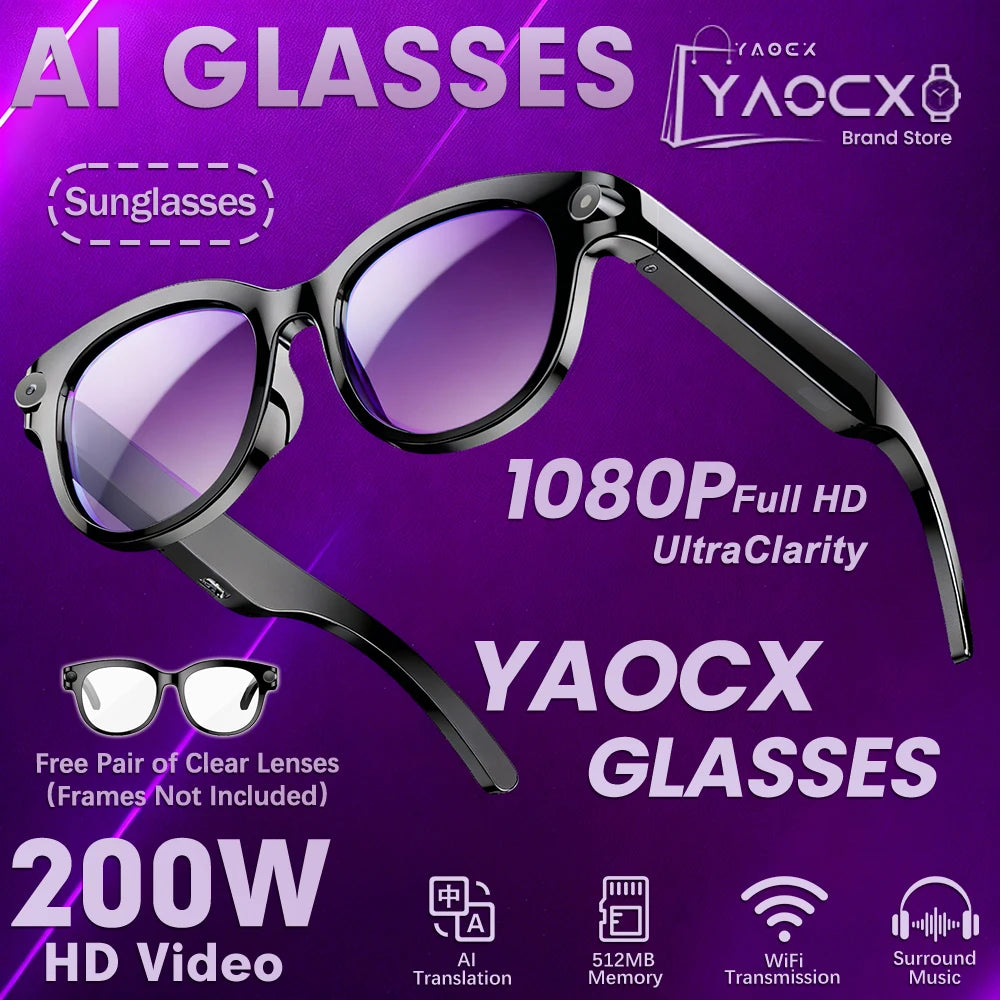 2026 AI Smart Glasses for Men Women 200W HD Camera 1080P Video AI Voice Assistant Translation Music Playback LED Flashlight
