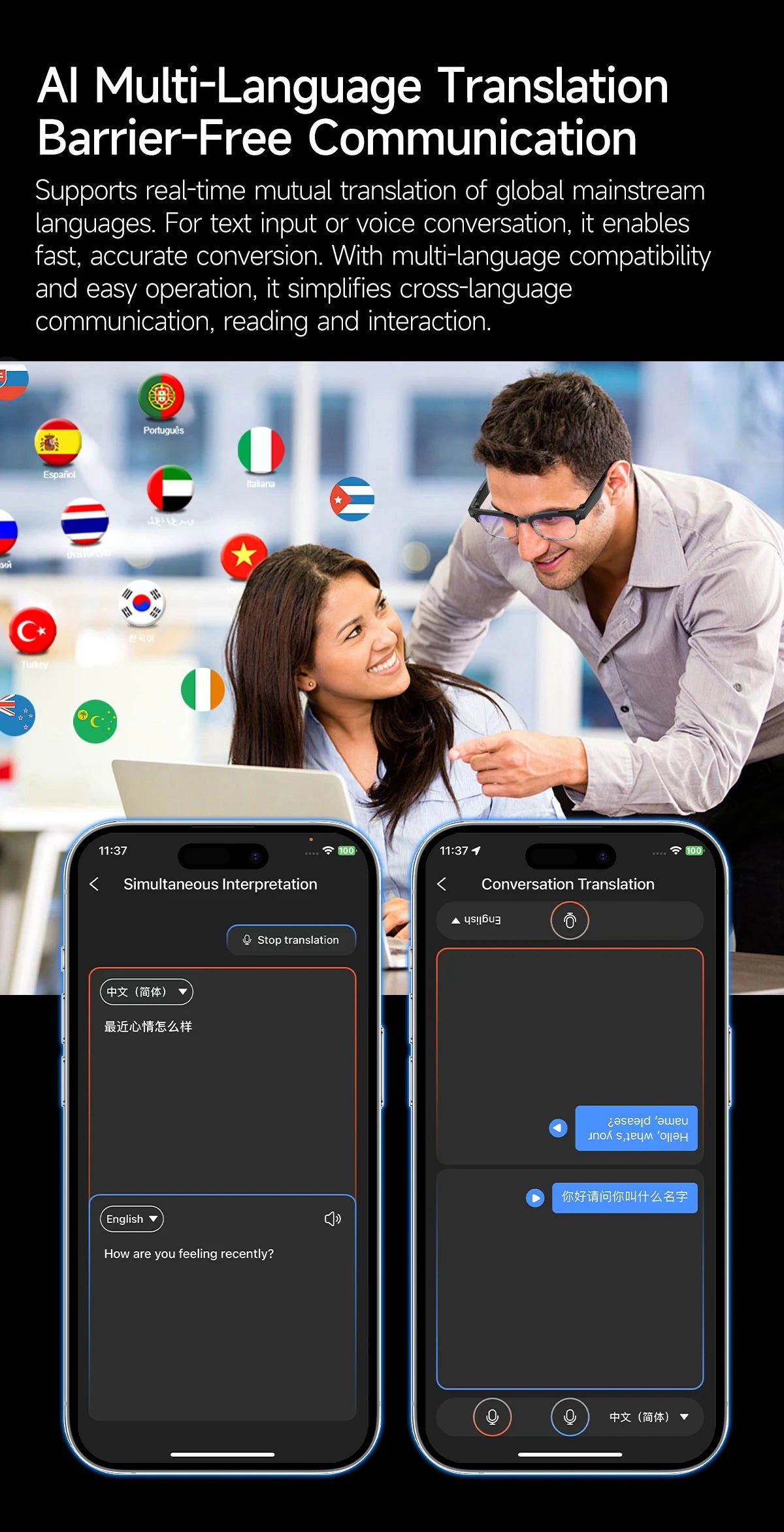 2026New AI Smart Glasses 120+Language Translation 800W Pixel Camera Video Music Player Call Business 8K Color Change Glasses Men
