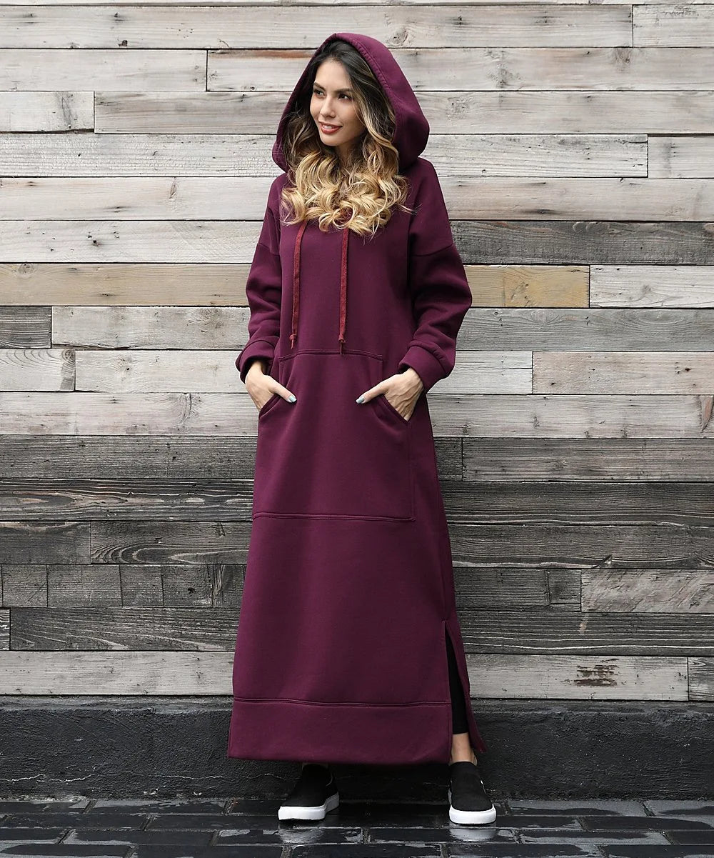 Hoodies Dress For Women Fashion 2025 Hem Lace-up Midi Robe Hooded Long Dress Autumn Winter Warm Casual Loose Sweatshirt Vestidos