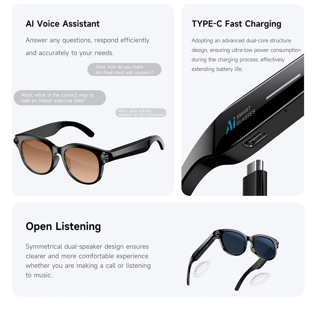 2026 AI Smart Glasses for Men Women 200W HD Camera 1080P Video AI Voice Assistant Translation Music Playback LED Flashlight