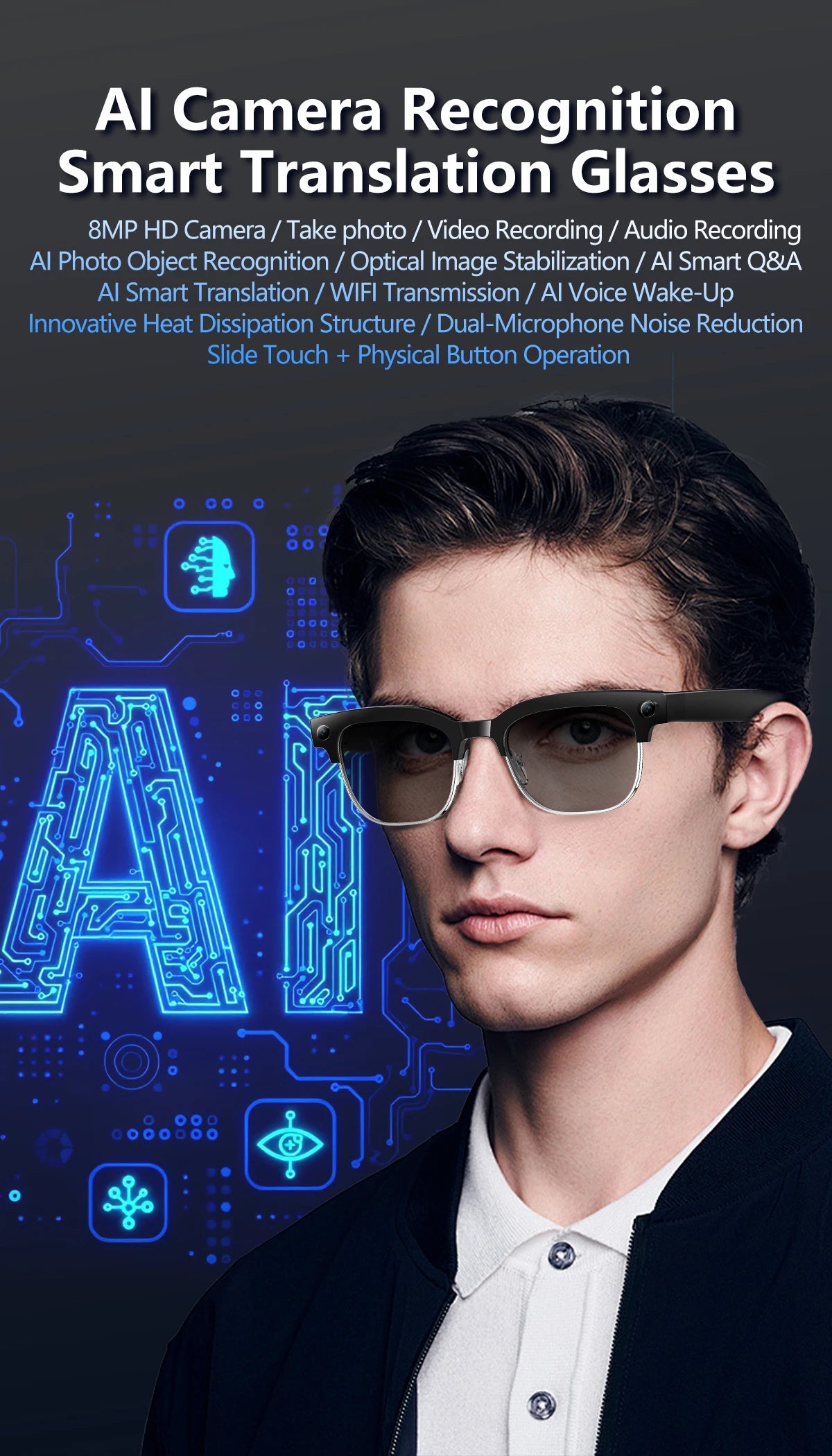 AI Smart Glasses AI Smart Translation AI Smart Question and Answer Interaction 800W HD Camera 290mAh Battery AI Smart Glasses