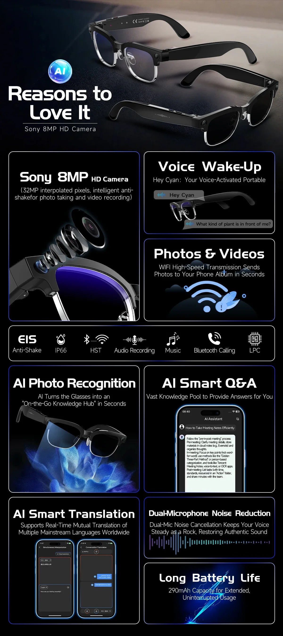 2026New AI Smart Glasses 120+Language Translation 800W Pixel Camera Video Music Player Call Business 8K Color Change Glasses Men