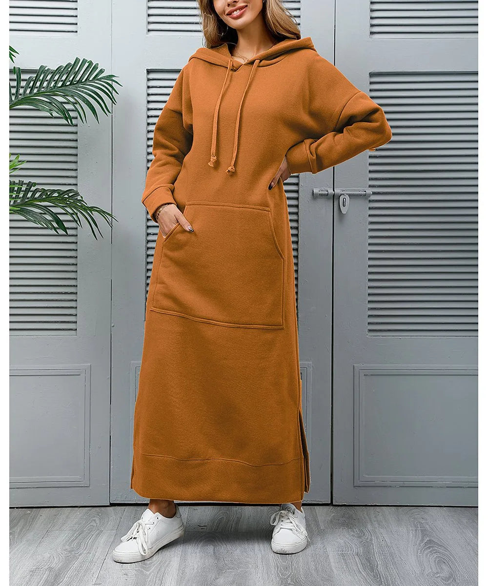 Hoodies Dress For Women Fashion 2025 Hem Lace-up Midi Robe Hooded Long Dress Autumn Winter Warm Casual Loose Sweatshirt Vestidos