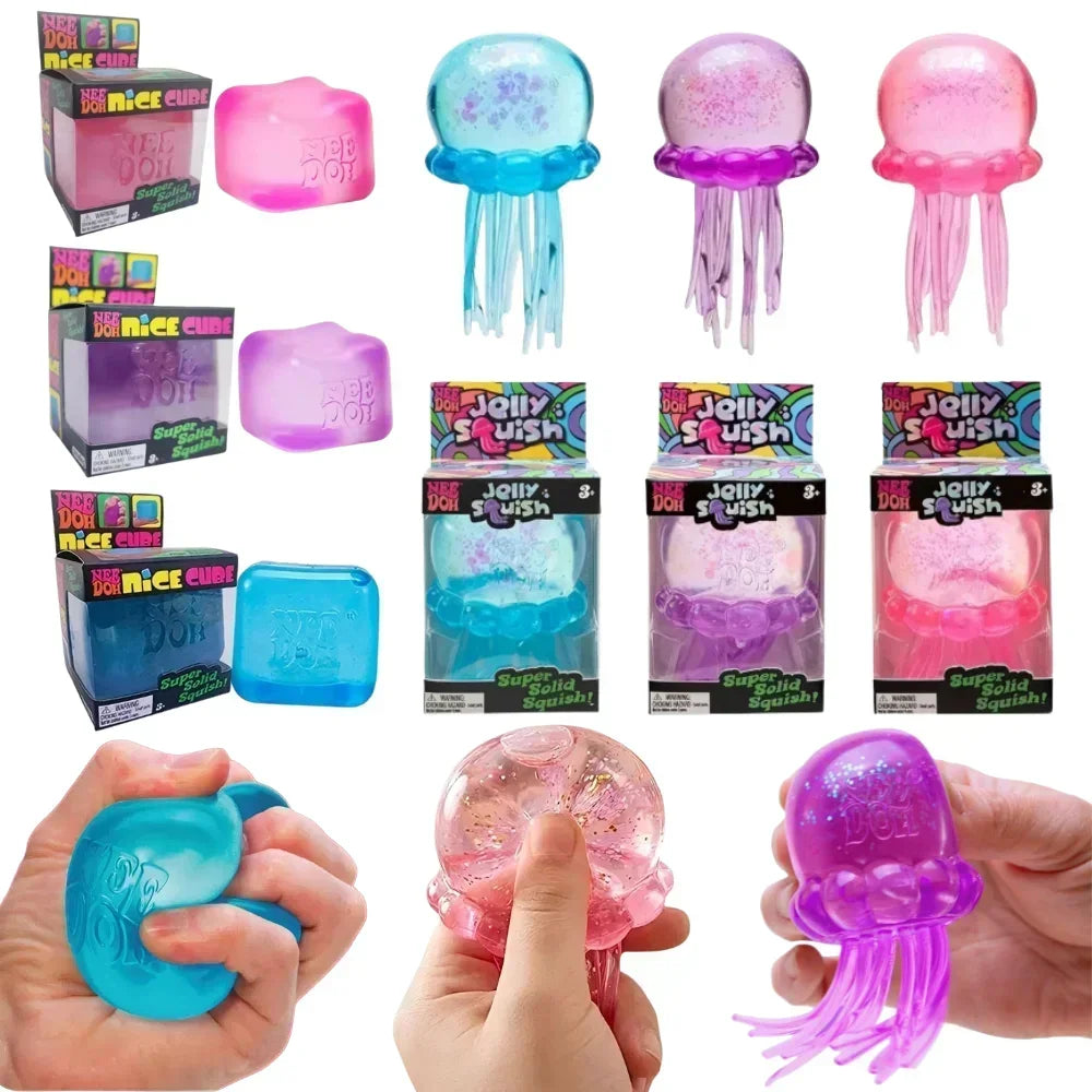 Nee Doh  Trending Jellyfish & Cube Squish Toy, Soft Jelly Squeeze Stress Relief Fidget Toy, Sensory NeeDoh for Kids & Adults