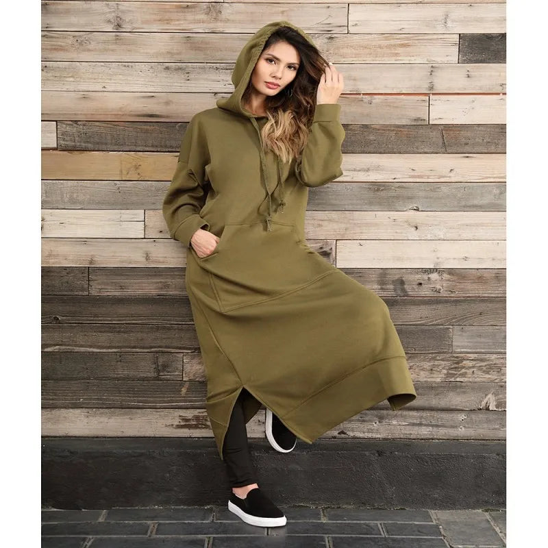 Hoodies Dress For Women Fashion 2025 Hem Lace-up Midi Robe Hooded Long Dress Autumn Winter Warm Casual Loose Sweatshirt Vestidos