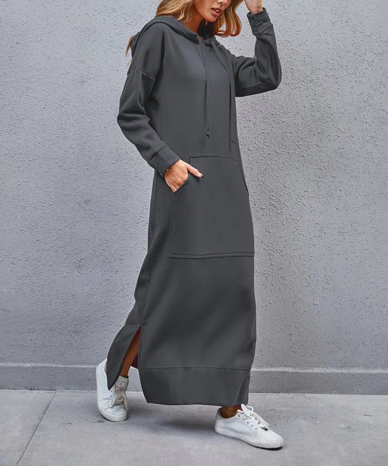 Hoodies Dress For Women Fashion 2025 Hem Lace-up Midi Robe Hooded Long Dress Autumn Winter Warm Casual Loose Sweatshirt Vestidos