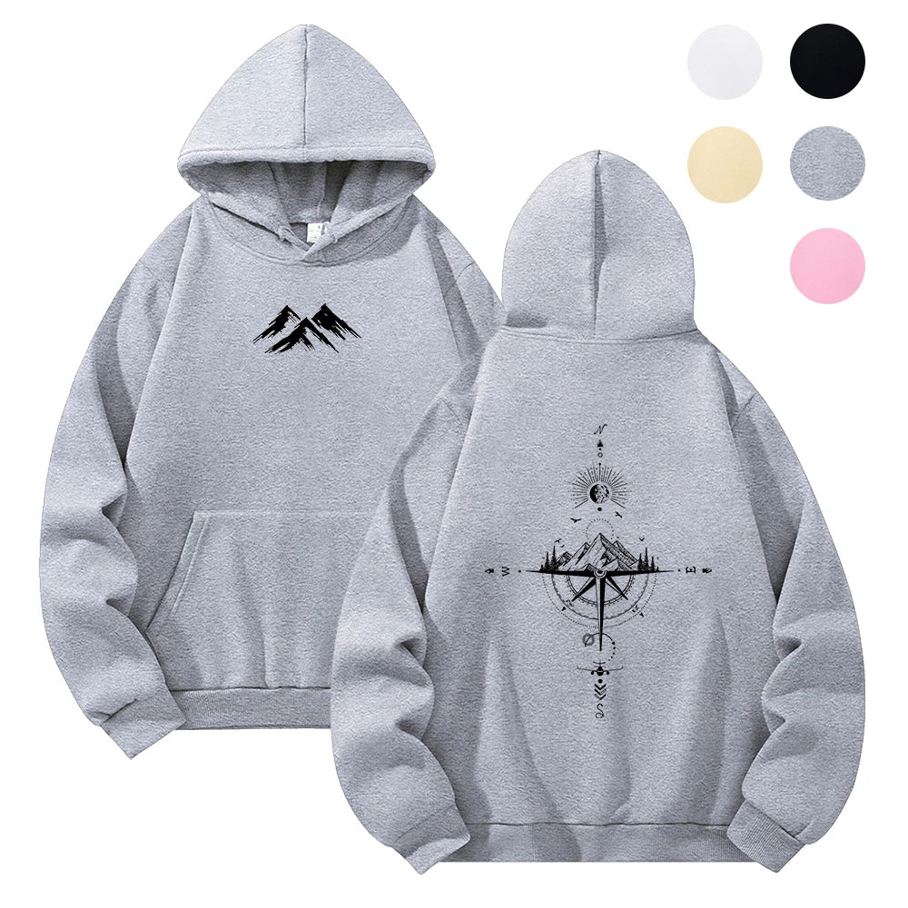 Hoodie Unisex Pocket Long Sleeve Casual Loose Tops Streetwear Pullover Hooded Sweatshir Minimalist Mountain Compass Print