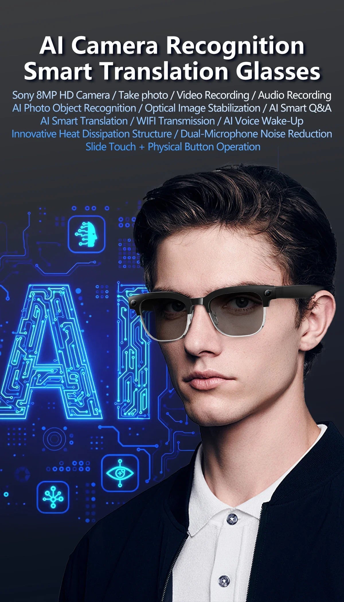 2026New AI Smart Glasses 120+Language Translation 800W Pixel Camera Video Music Player Call Business 8K Color Change Glasses Men