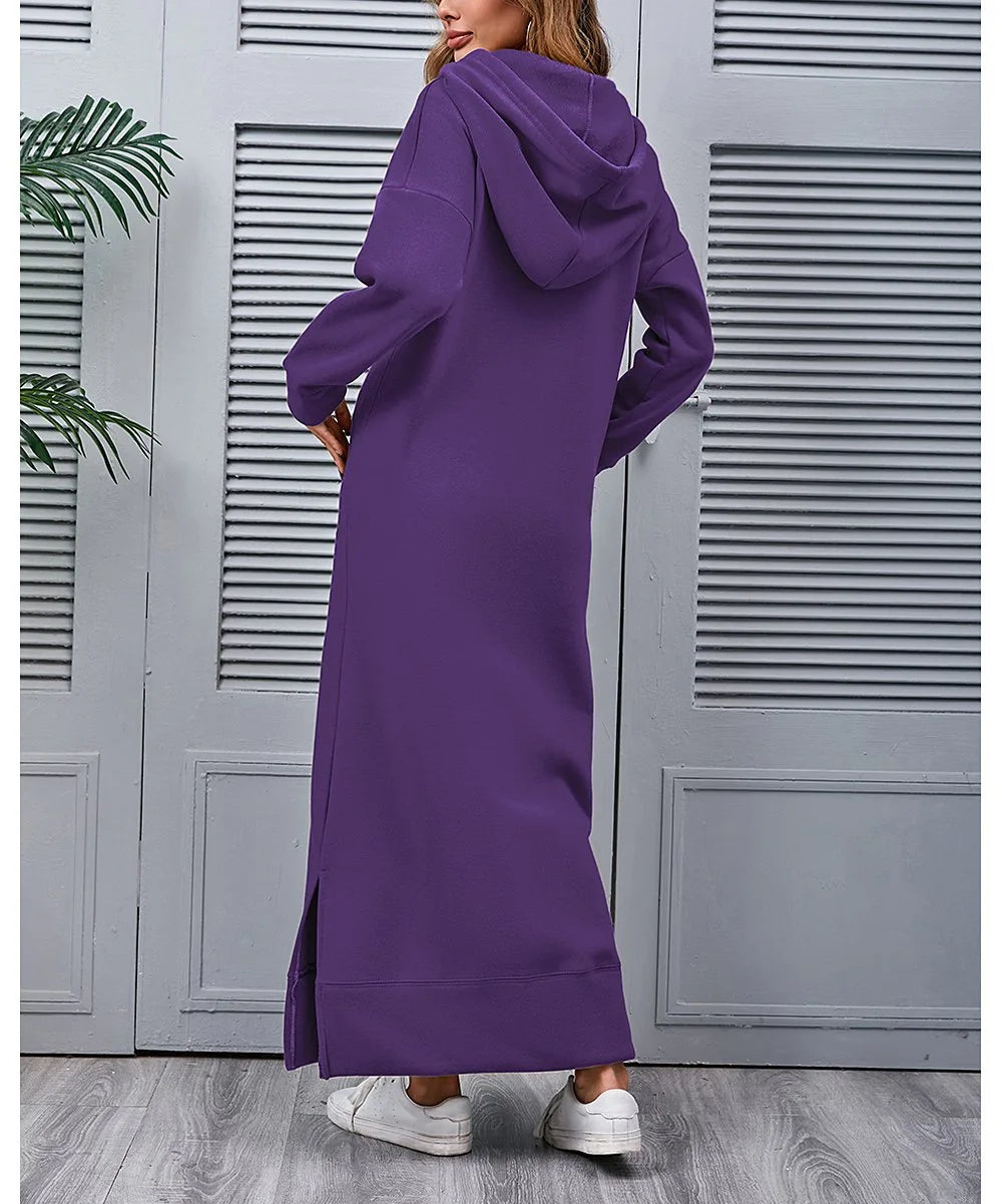 Hoodies Dress For Women Fashion 2025 Hem Lace-up Midi Robe Hooded Long Dress Autumn Winter Warm Casual Loose Sweatshirt Vestidos