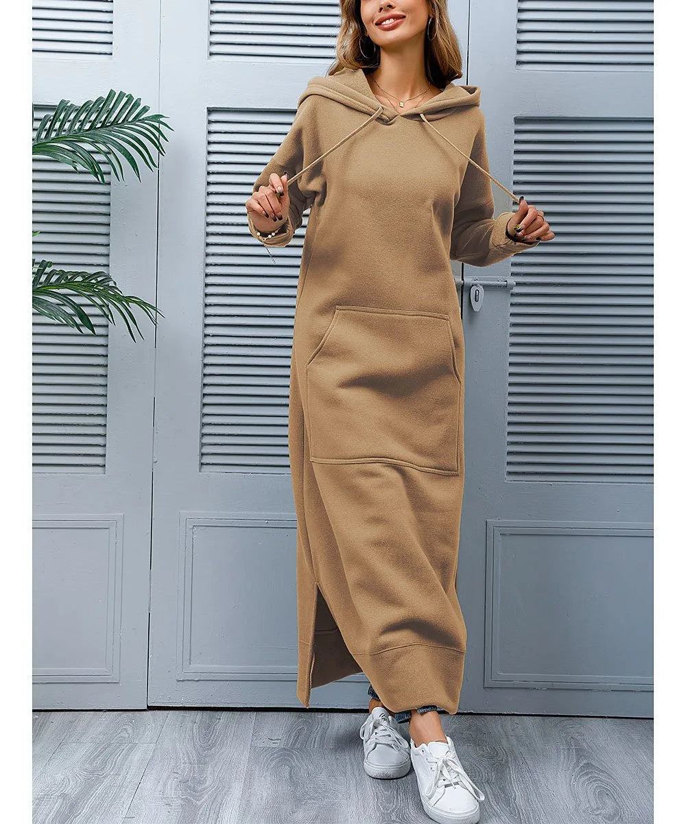 Hoodies Dress For Women Fashion 2025 Hem Lace-up Midi Robe Hooded Long Dress Autumn Winter Warm Casual Loose Sweatshirt Vestidos