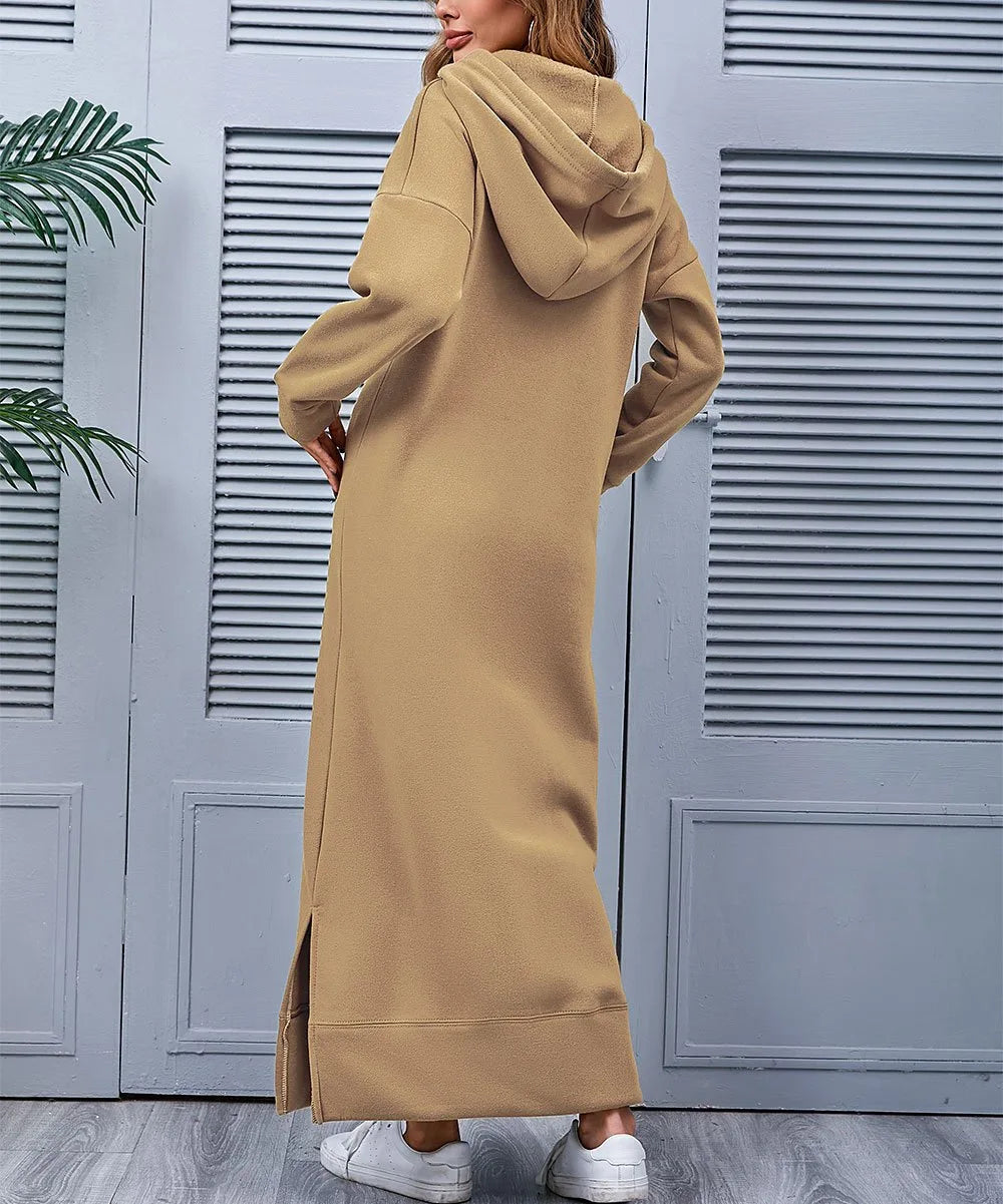 Hoodies Dress For Women Fashion 2025 Hem Lace-up Midi Robe Hooded Long Dress Autumn Winter Warm Casual Loose Sweatshirt Vestidos