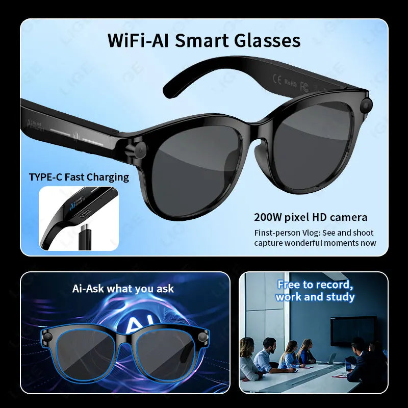 2026 New AI Smart Glasses AI Translation 2MP HD Camera 4K Shooting Image Conversation Recording Listening To Music Smart Glasses