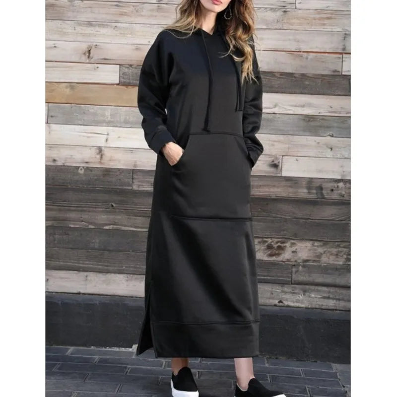 Hoodies Dress For Women Fashion 2025 Hem Lace-up Midi Robe Hooded Long Dress Autumn Winter Warm Casual Loose Sweatshirt Vestidos