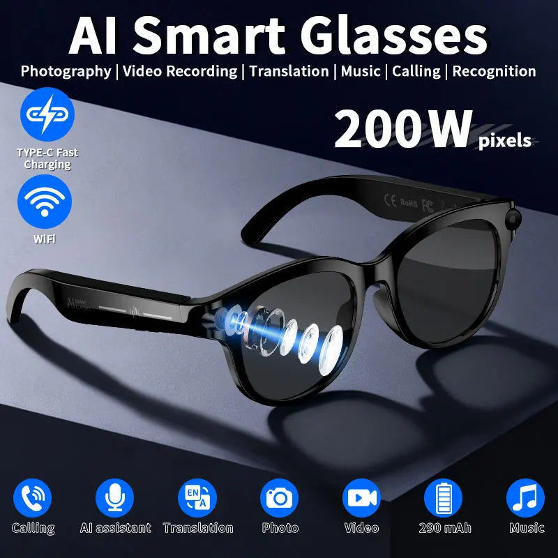 2026 New AI Smart Glasses AI Translation 2MP HD Camera 4K Shooting Image Conversation Recording Listening To Music Smart Glasses