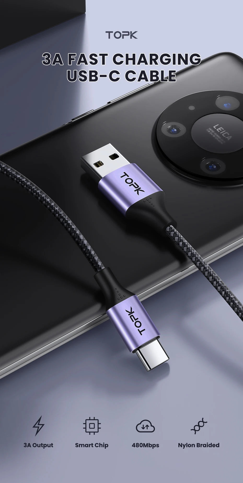 [3-Pack] USB C Charger Cable,TOPK 6.6ft 3A Fast USB C Cable Nylon Braided Data Sync USB A to Type C Charger Cable for Samsung