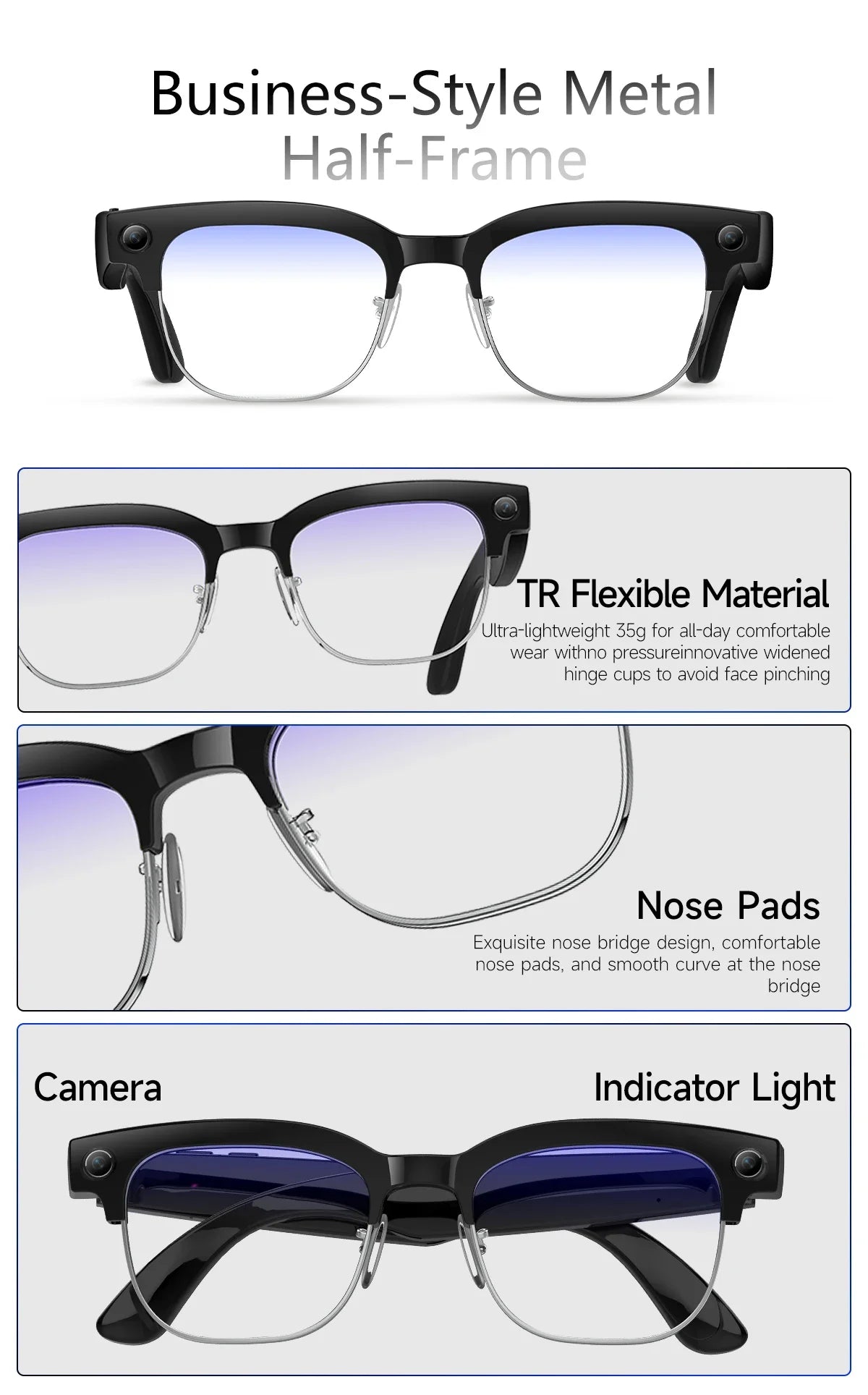 AI Smart Glasses AI Smart Translation AI Smart Question and Answer Interaction 800W HD Camera 290mAh Battery AI Smart Glasses