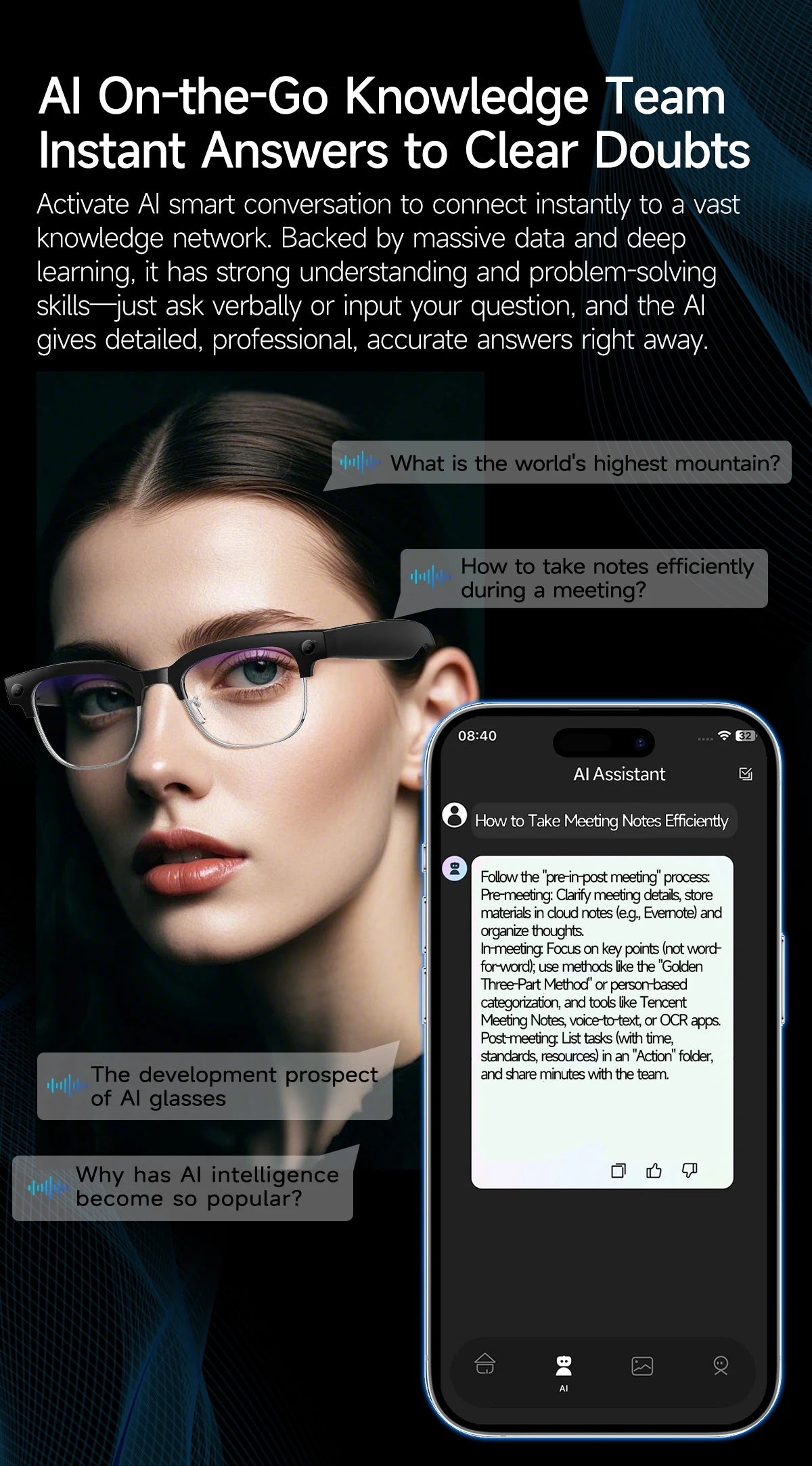 AI Smart Glasses AI Smart Translation AI Smart Question and Answer Interaction 800W HD Camera 290mAh Battery AI Smart Glasses