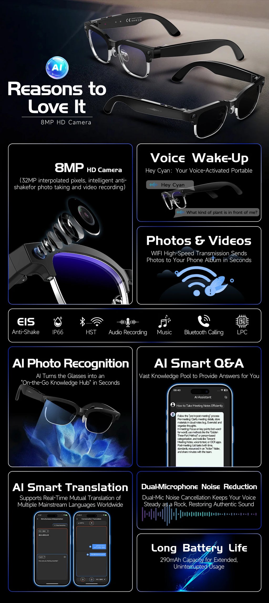 AI Smart Glasses AI Smart Translation AI Smart Question and Answer Interaction 800W HD Camera 290mAh Battery AI Smart Glasses