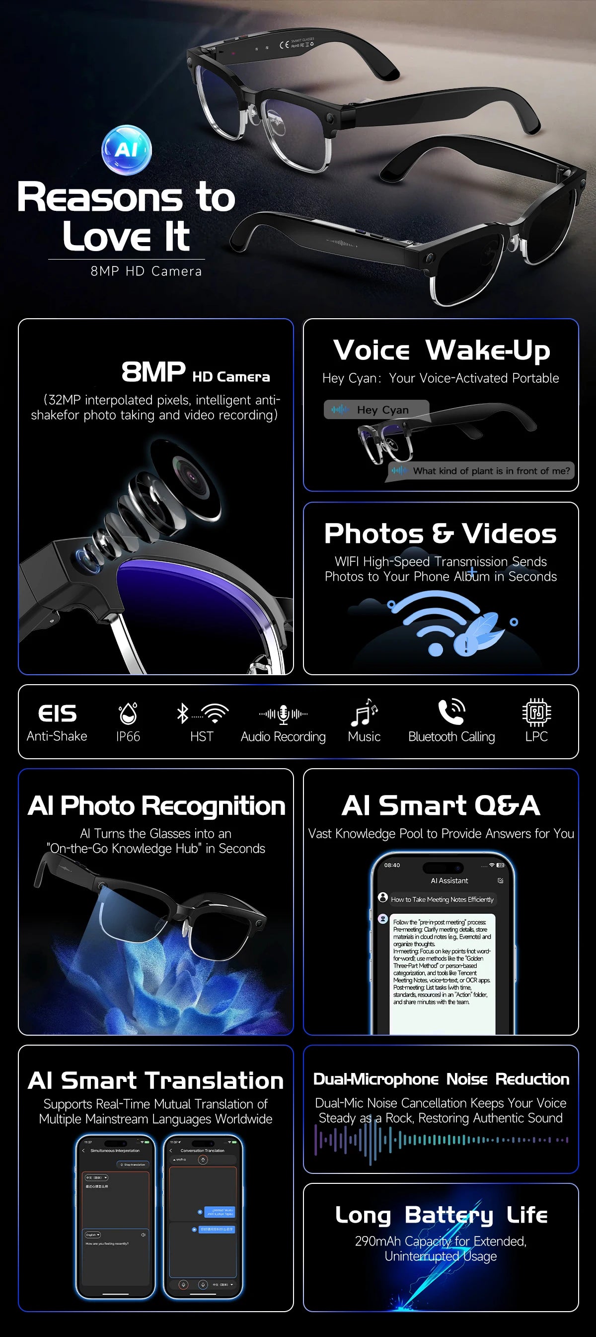 AI Smart Glasses AI Smart Translation AI Smart Question and Answer Interaction 800W HD Camera 290mAh Battery AI Smart Glasses