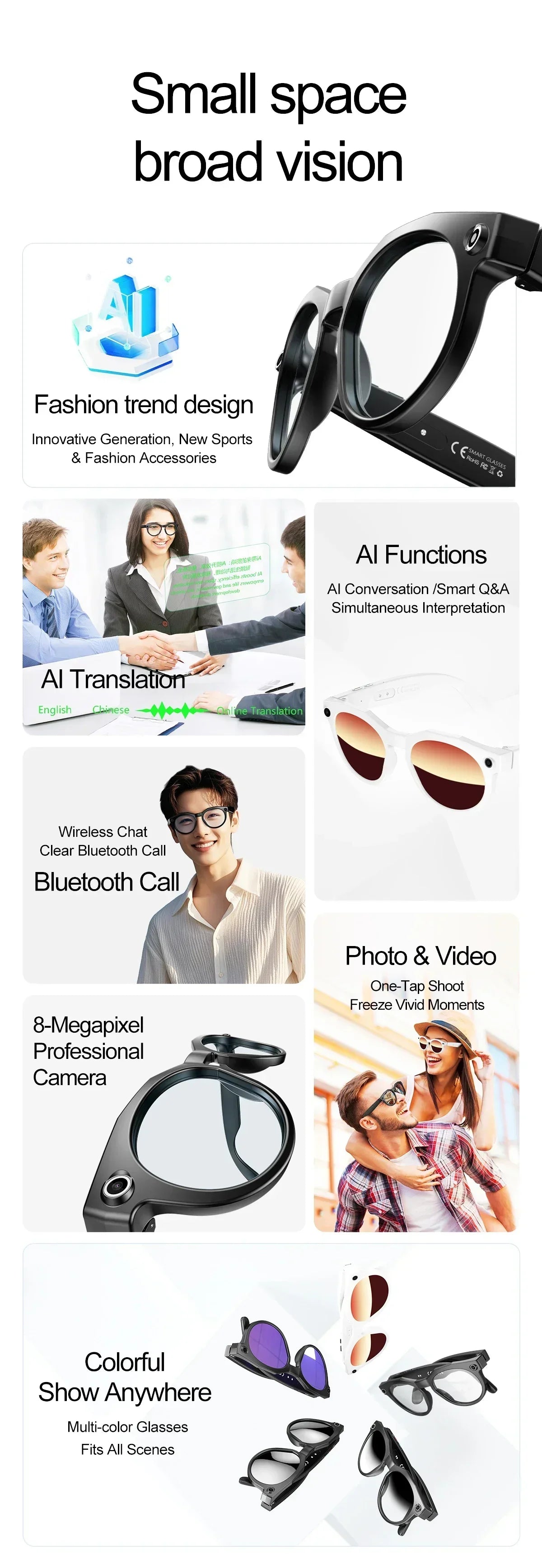 2026 New AI Smart Glasses 8MP Photo&Video Recording Music Playback Voice Wake-Up AI Interaction Translation 290mAh Smart Glasses
