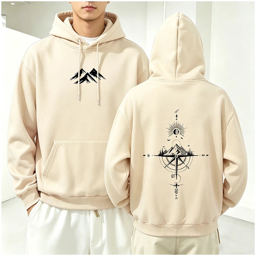 Hoodie Unisex Pocket Long Sleeve Casual Loose Tops Streetwear Pullover Hooded Sweatshir Minimalist Mountain Compass Print