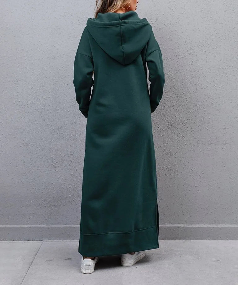 Hoodies Dress For Women Fashion 2025 Hem Lace-up Midi Robe Hooded Long Dress Autumn Winter Warm Casual Loose Sweatshirt Vestidos