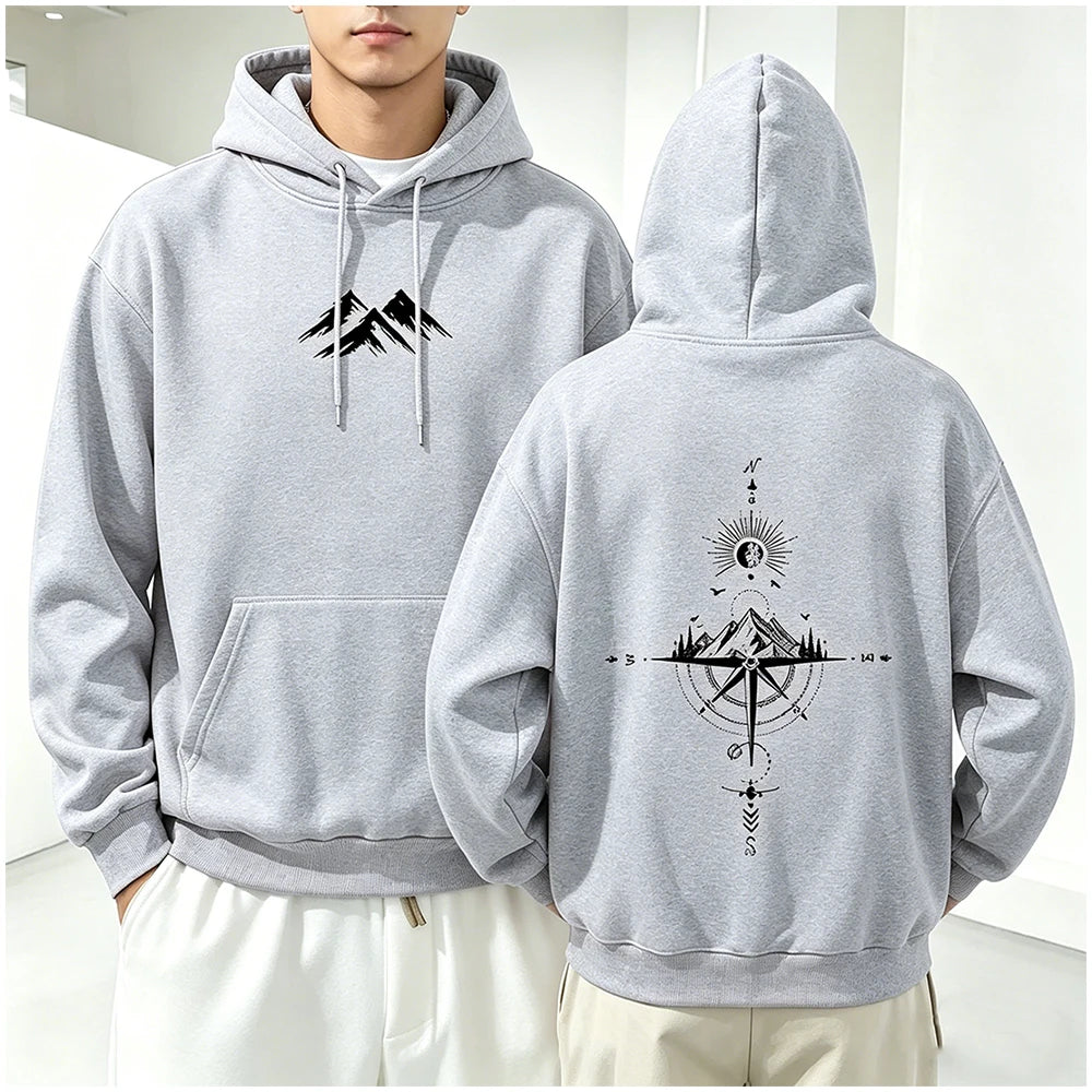 Hoodie Unisex Pocket Long Sleeve Casual Loose Tops Streetwear Pullover Hooded Sweatshir Minimalist Mountain Compass Print