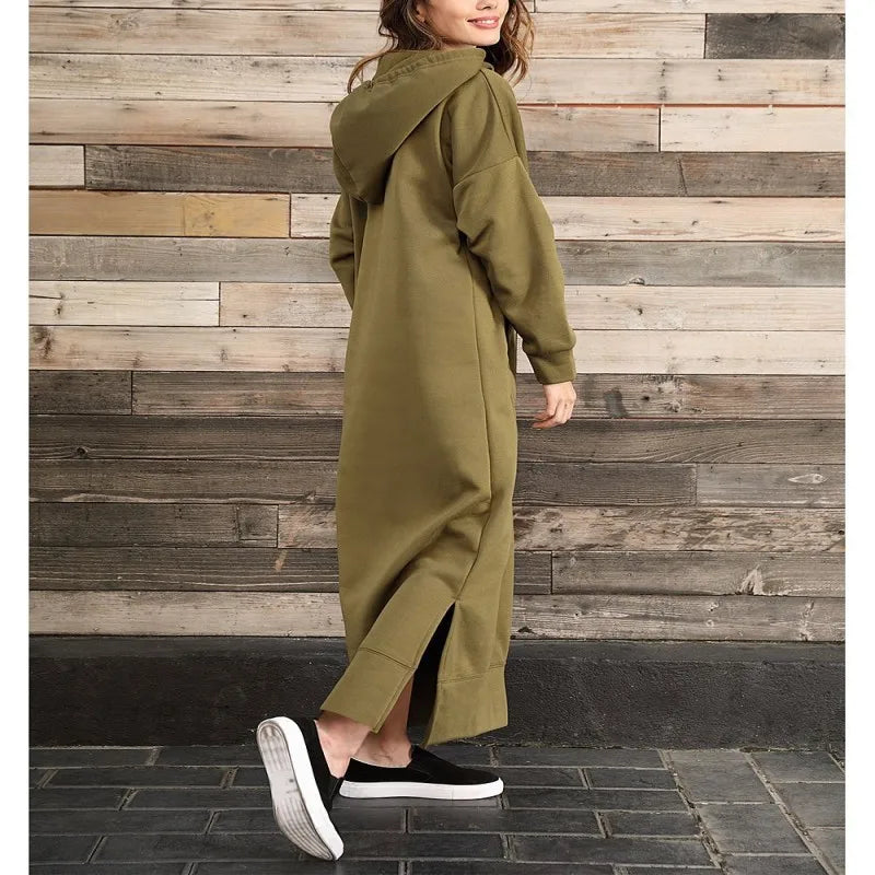 Hoodies Dress For Women Fashion 2025 Hem Lace-up Midi Robe Hooded Long Dress Autumn Winter Warm Casual Loose Sweatshirt Vestidos