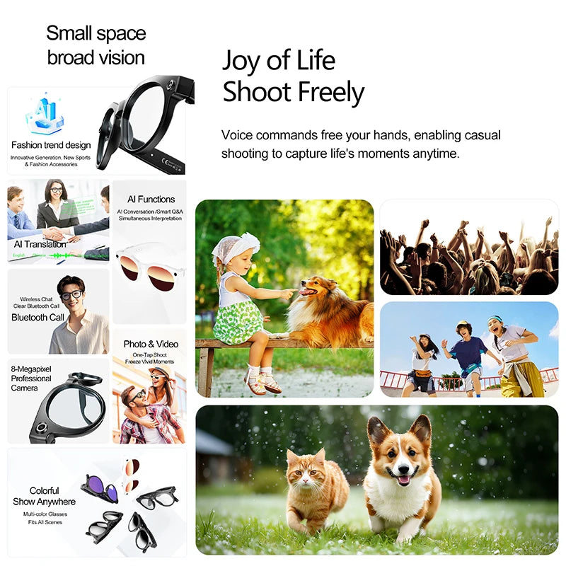 2026 New AI Smart Glasses 8MP Photo&Video Recording Music Playback Voice Wake-Up AI Interaction Translation 290mAh Smart Glasses