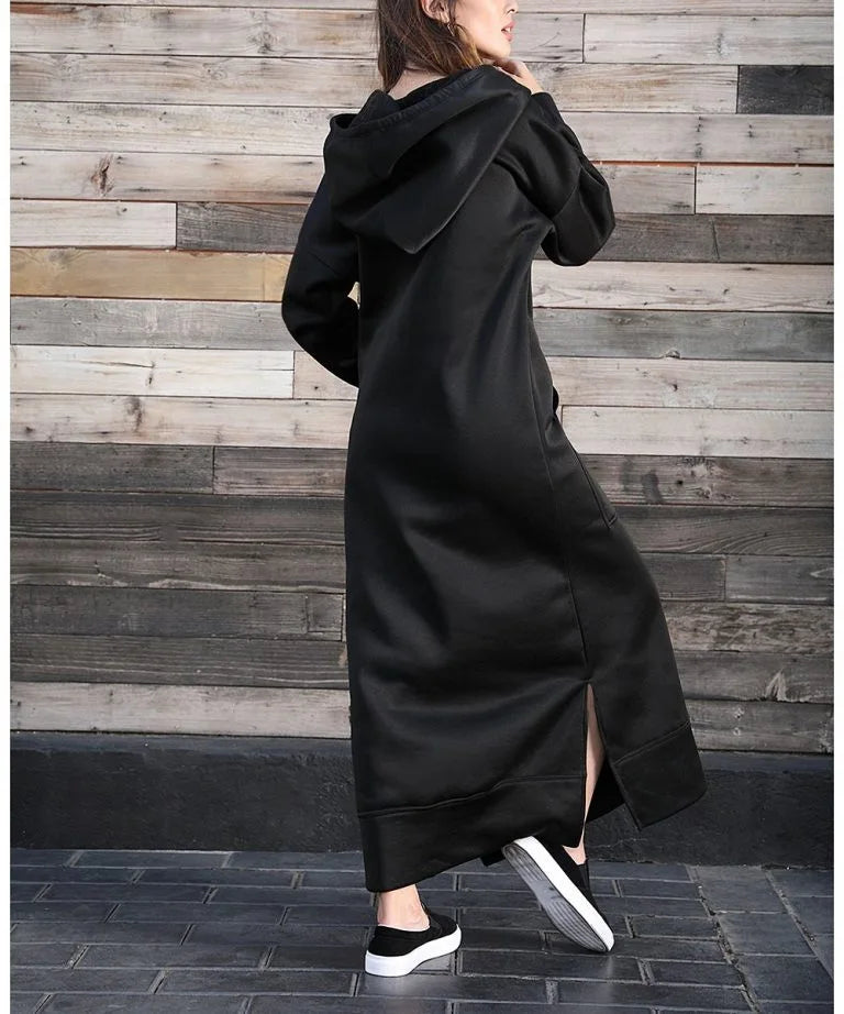 Hoodies Dress For Women Fashion 2025 Hem Lace-up Midi Robe Hooded Long Dress Autumn Winter Warm Casual Loose Sweatshirt Vestidos