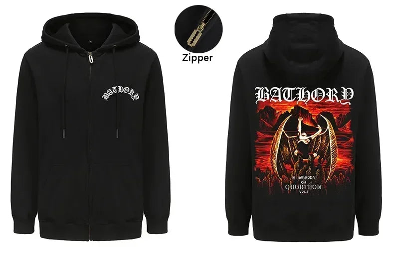 Mens Black Heavy Metal Band Bathory Hoody Y2k Vintage Hip Hop Streetwear Hoodie Zip-up Casual men women Hoodies Coats