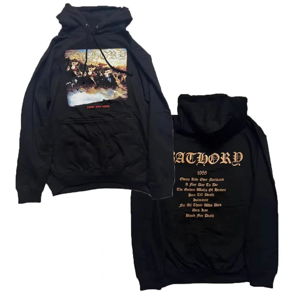 Mens Black Heavy Metal Band Bathory Hoody Y2k Vintage Hip Hop Streetwear Hoodie Zip-up Casual men women Hoodies Coats