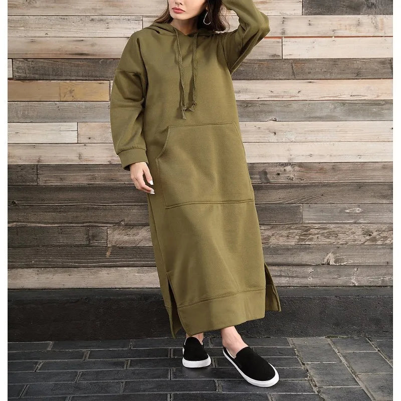 Hoodies Dress For Women Fashion 2025 Hem Lace-up Midi Robe Hooded Long Dress Autumn Winter Warm Casual Loose Sweatshirt Vestidos