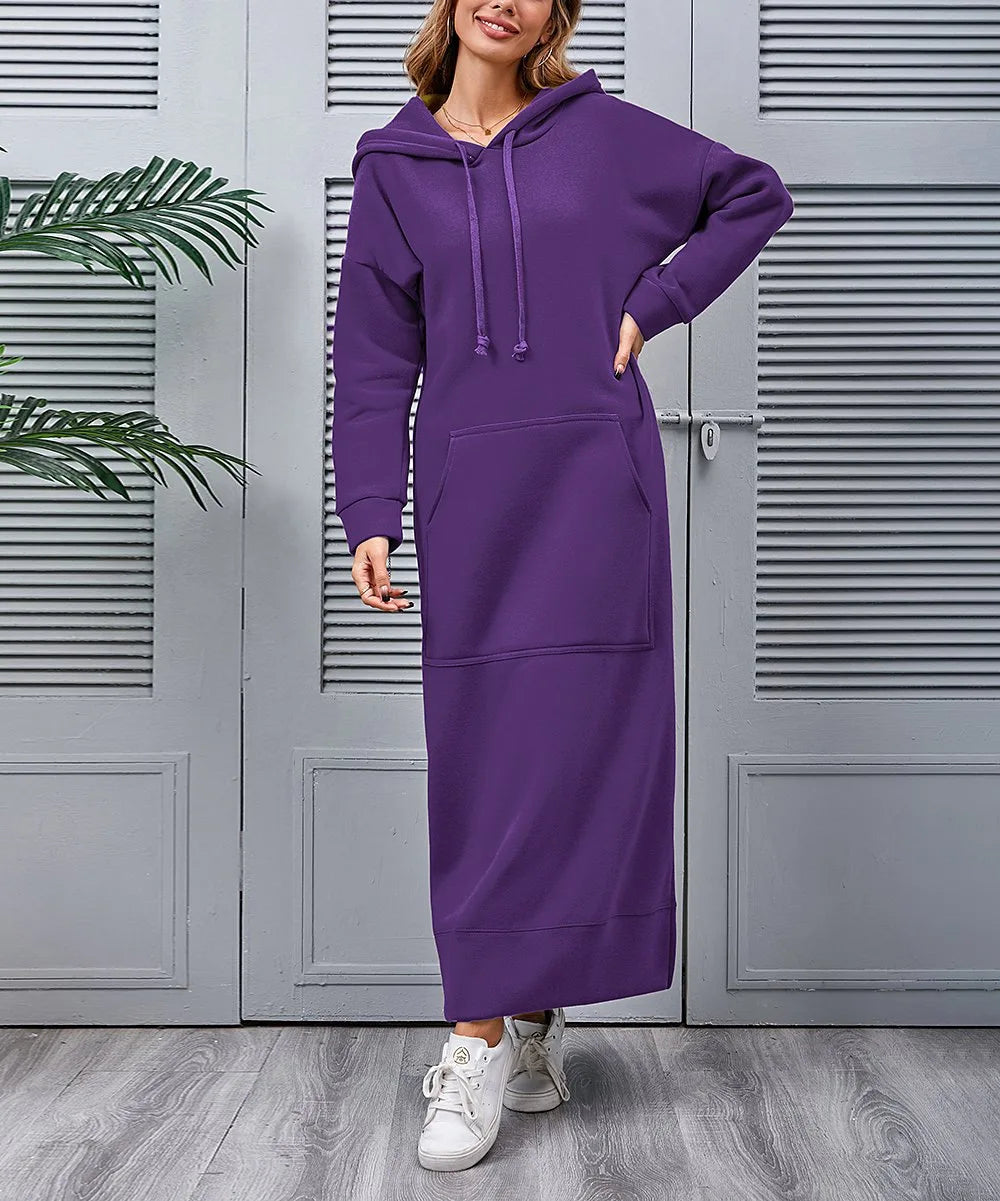 Hoodies Dress For Women Fashion 2025 Hem Lace-up Midi Robe Hooded Long Dress Autumn Winter Warm Casual Loose Sweatshirt Vestidos