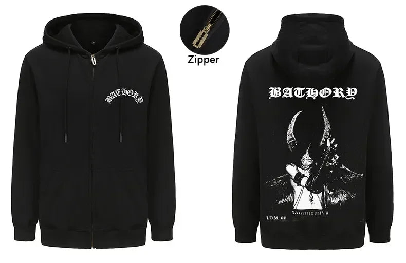 Mens Black Heavy Metal Band Bathory Hoody Y2k Vintage Hip Hop Streetwear Hoodie Zip-up Casual men women Hoodies Coats