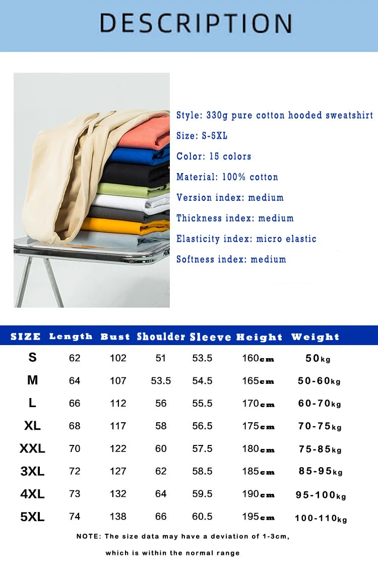 330GSM 100% Cotton Hoodies Men Women DIY Customize Logo Your OWN Design Logo/Picture/Text Customzation Unisex Hooded Sweatshirt