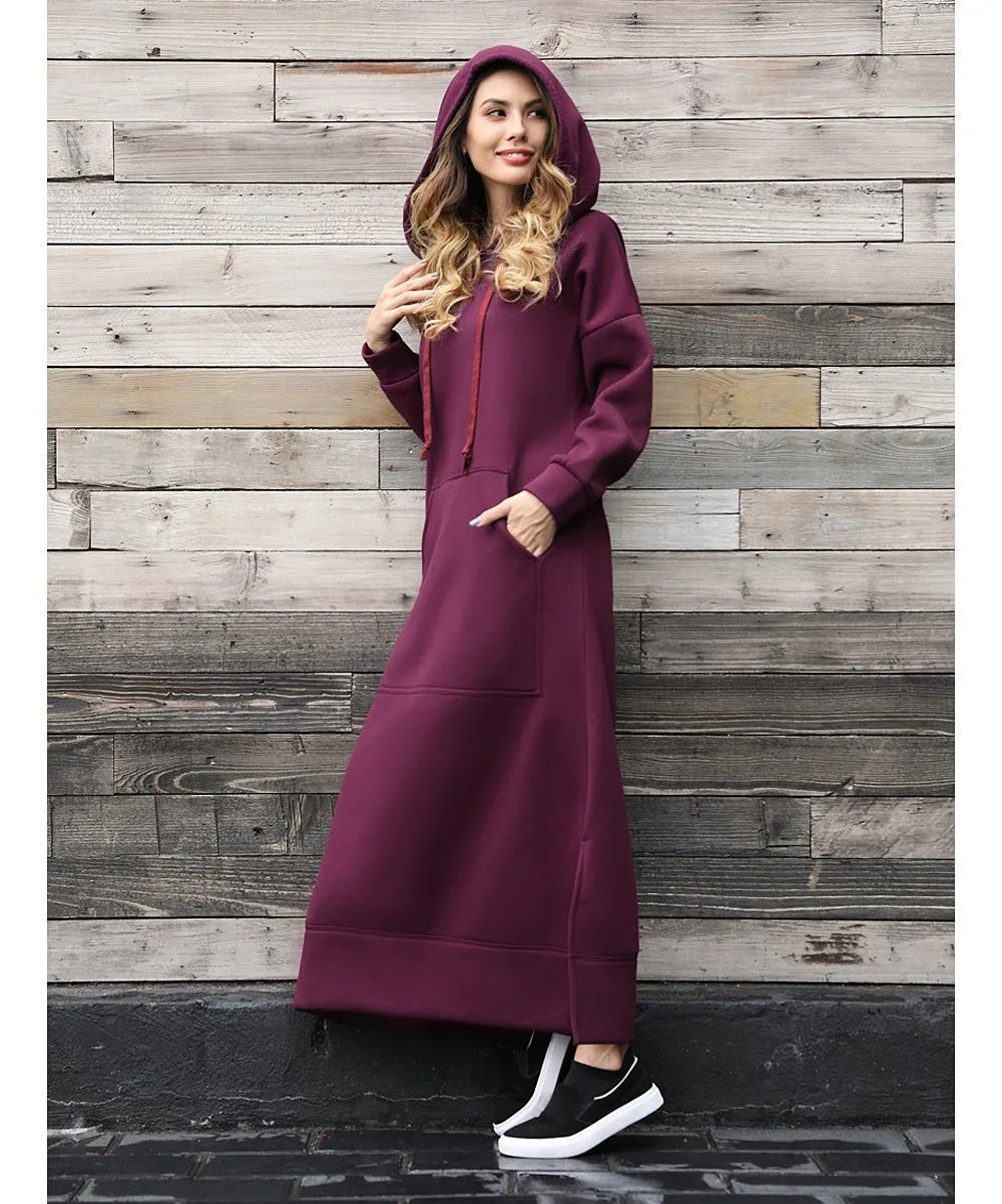 Hoodies Dress For Women Fashion 2025 Hem Lace-up Midi Robe Hooded Long Dress Autumn Winter Warm Casual Loose Sweatshirt Vestidos