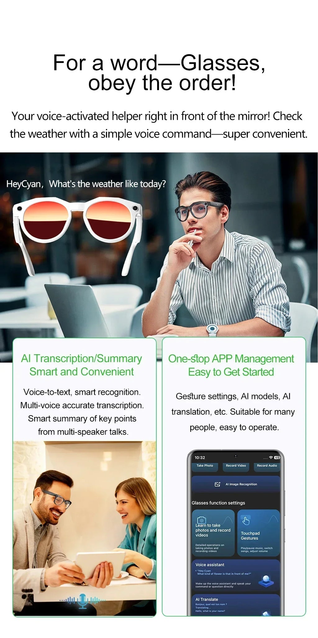 2026 New AI Smart Glasses 8MP Photo&Video Recording Music Playback Voice Wake-Up AI Interaction Translation 290mAh Smart Glasses