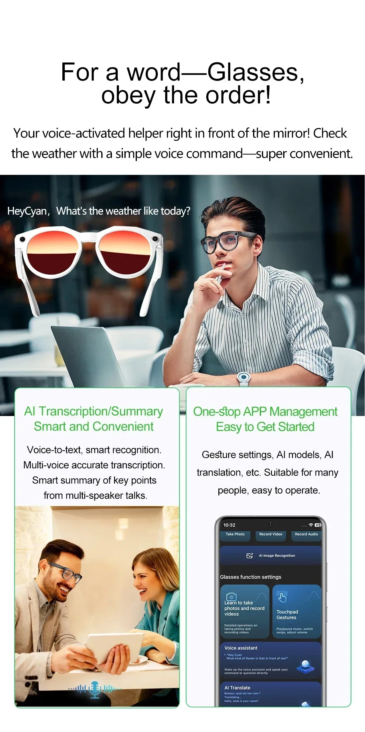 2026 New AI Smart Glasses 8MP Photo&Video Recording Music Playback Voice Wake-Up AI Interaction Translation 290mAh Smart Glasses
